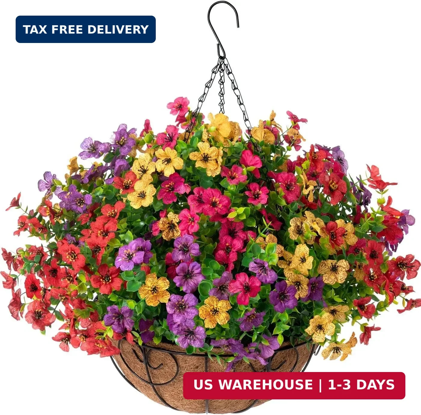 HyeFlora Artificial Faux Hanging Plants Flowers Basket for Summer Outdoor Outsid
