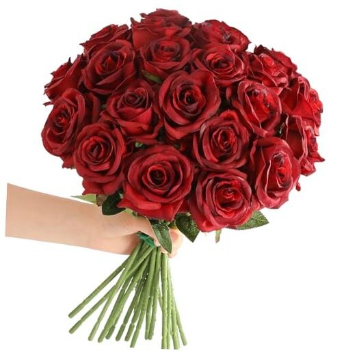 Red Roses Artificial Flowers – 12 pcs Realistic Long Stem Fake Roses Burgundy