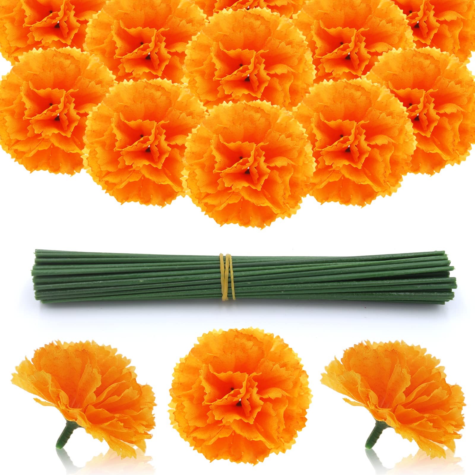 Hananona Pcs Marigold Flower Heads Bulk, Silk Marigold with Stems 50 Orange