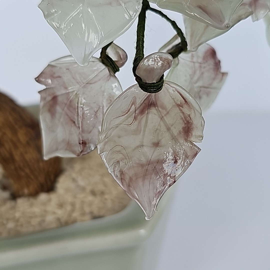Vintage Chinese Glass Bonsai Tree Pink Cherry Blossom Celadon Pot Chinoiserie