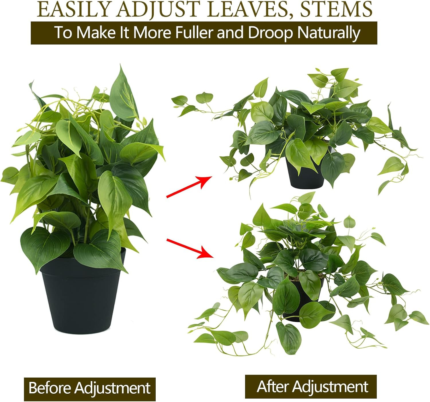 Artificial Scindapsus Aureus Fake Pothos Plants in Black Pots – Realistic Faux I