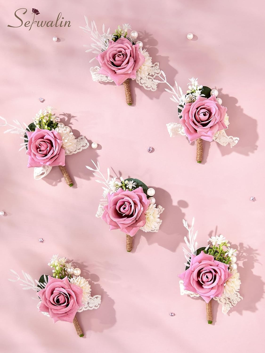 Pink Men’s Wedding Boutonnieres 6pc Set of Groomsmen Boutonniere