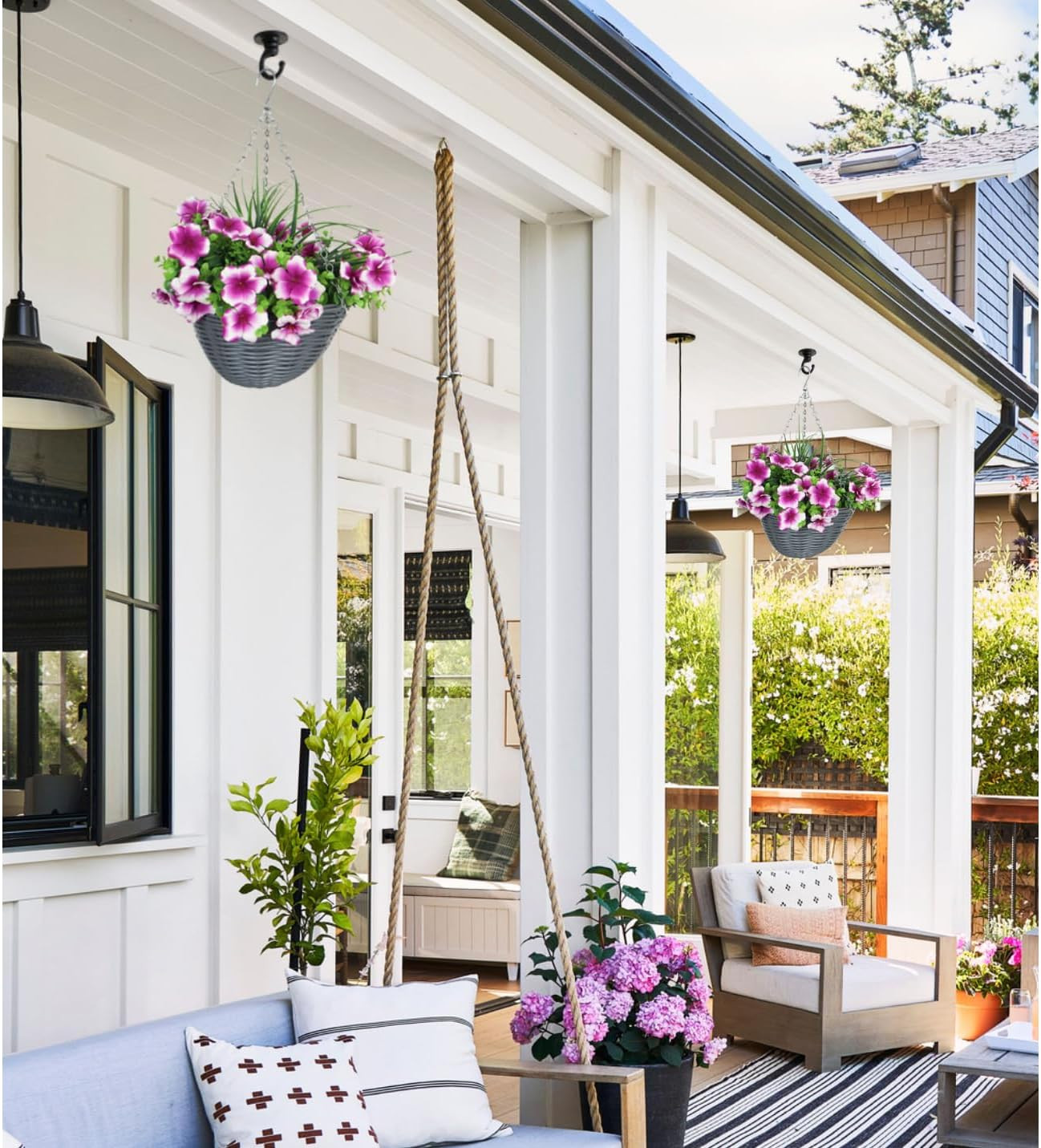 Pink Artificial Petunia Hanging Plant with Eucalyptus for Outdoor Decor