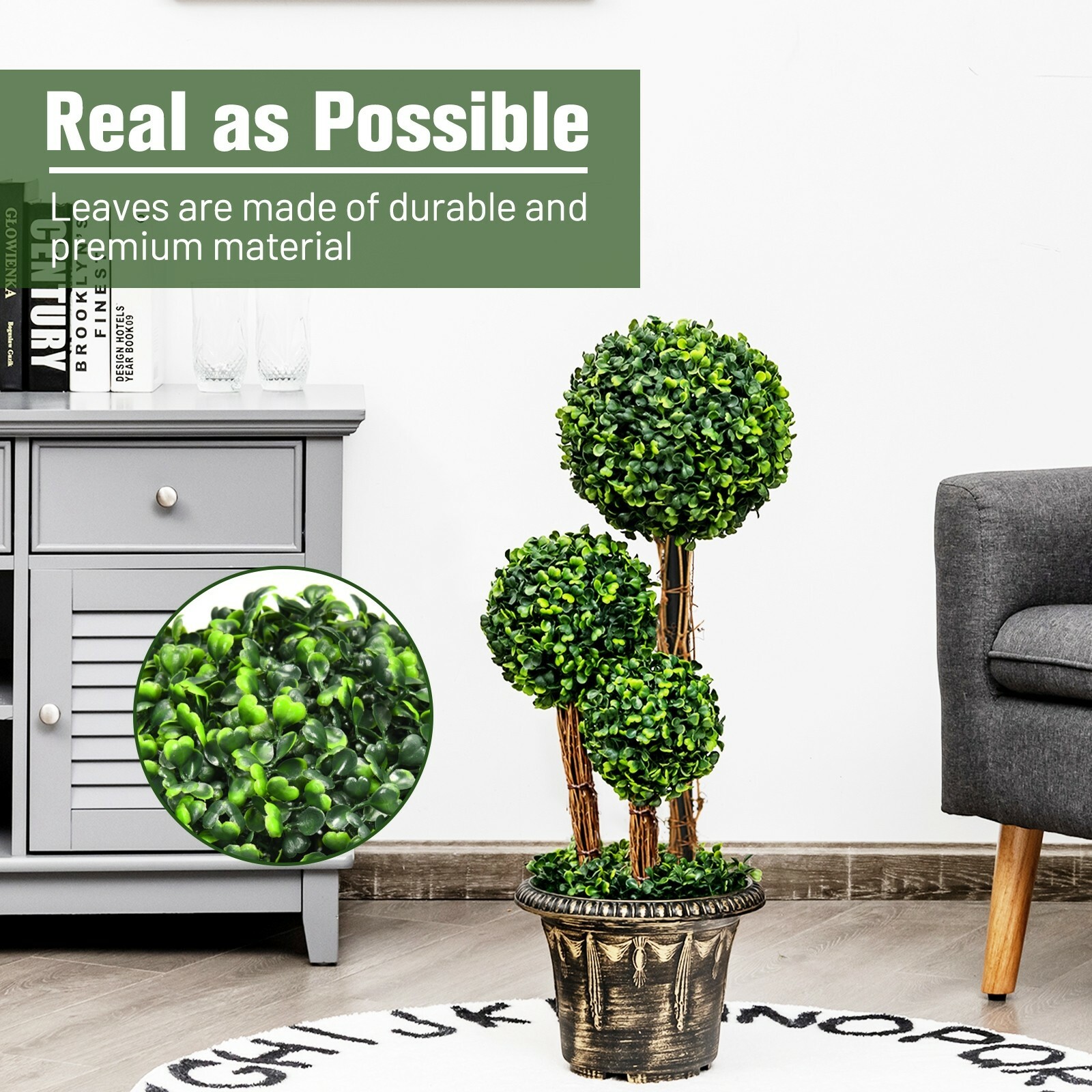Costway 30″ Artificial Topiary Triple Ball Tree In/Outdoor UV Resistant Office