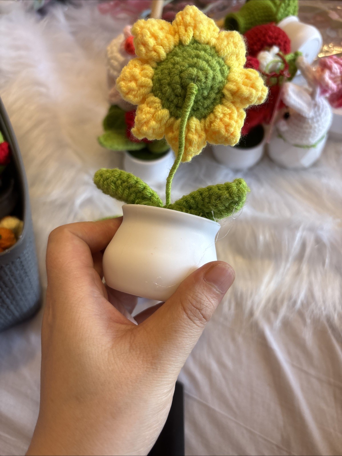 Handmade Crochet Bunny Sunflower Potted Plant Kawaii Fairycore Desk Decor Gift