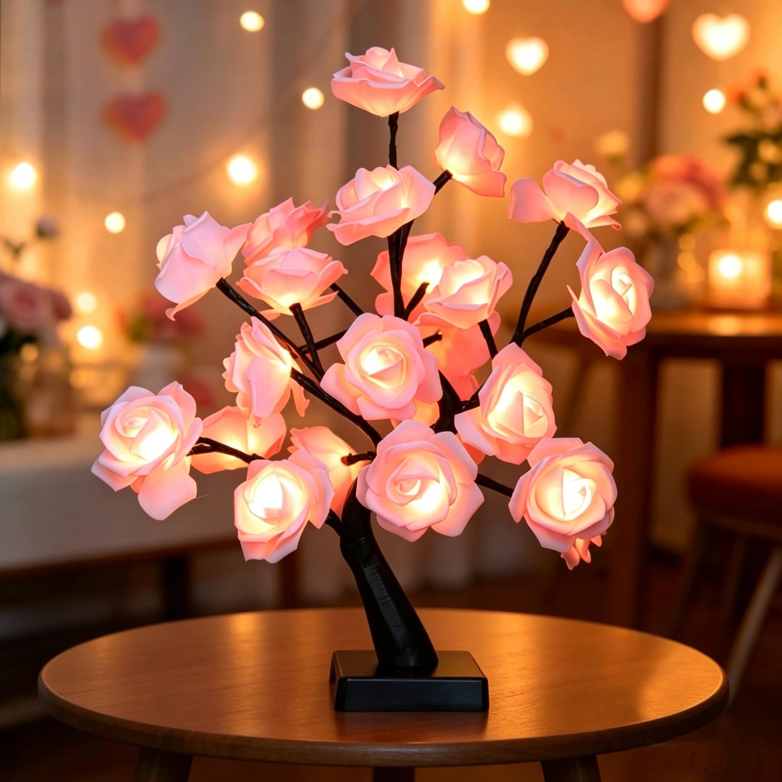 24 LED Pink Rose Tree Light, Artificial Bonsai Flower Table Lamp, USB Battery…