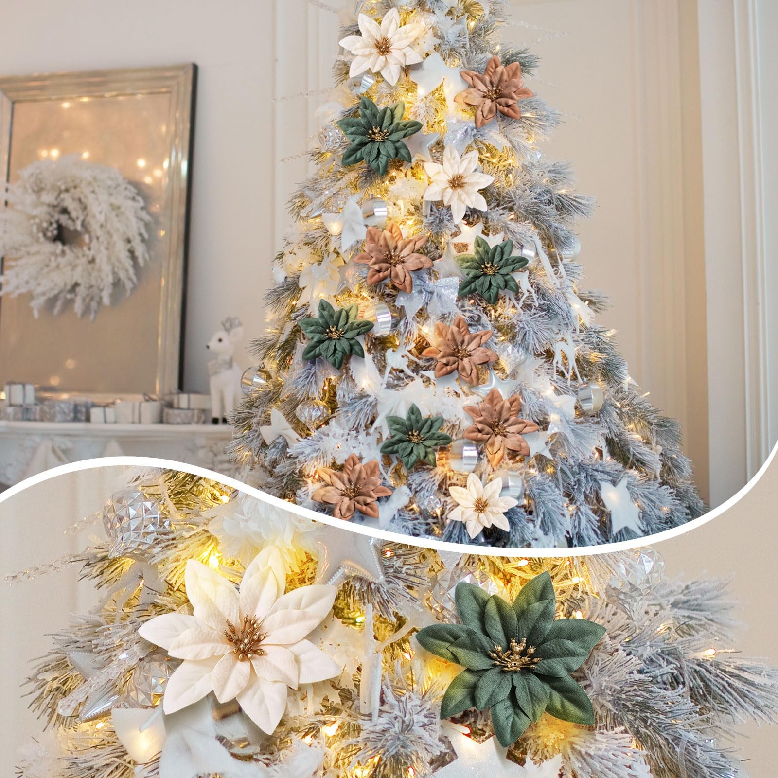 15 Pcs Christmas Poinsettia Artificial Flowers with Clips Christmas Tree Flow…