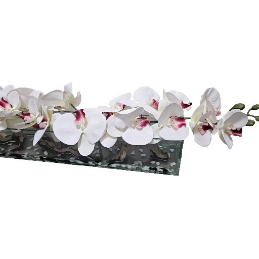 Floral Arrangement, Casa Moderna Glass Plate  W/ Faux White Orchids & Succulents