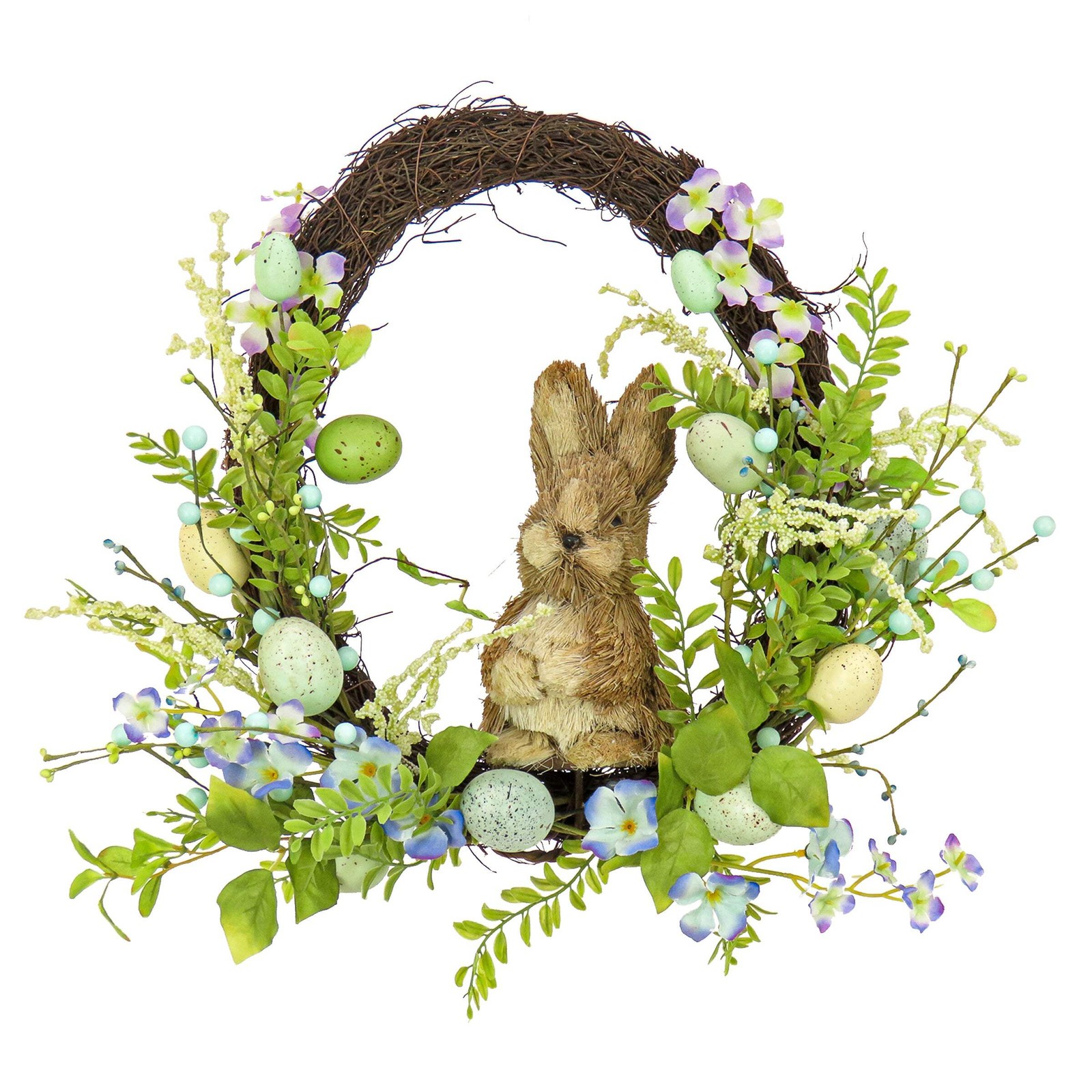 16 in. Easter Wreath Decorated with Wooden Bunny, Blue Flower Blooms, Pastel Egg