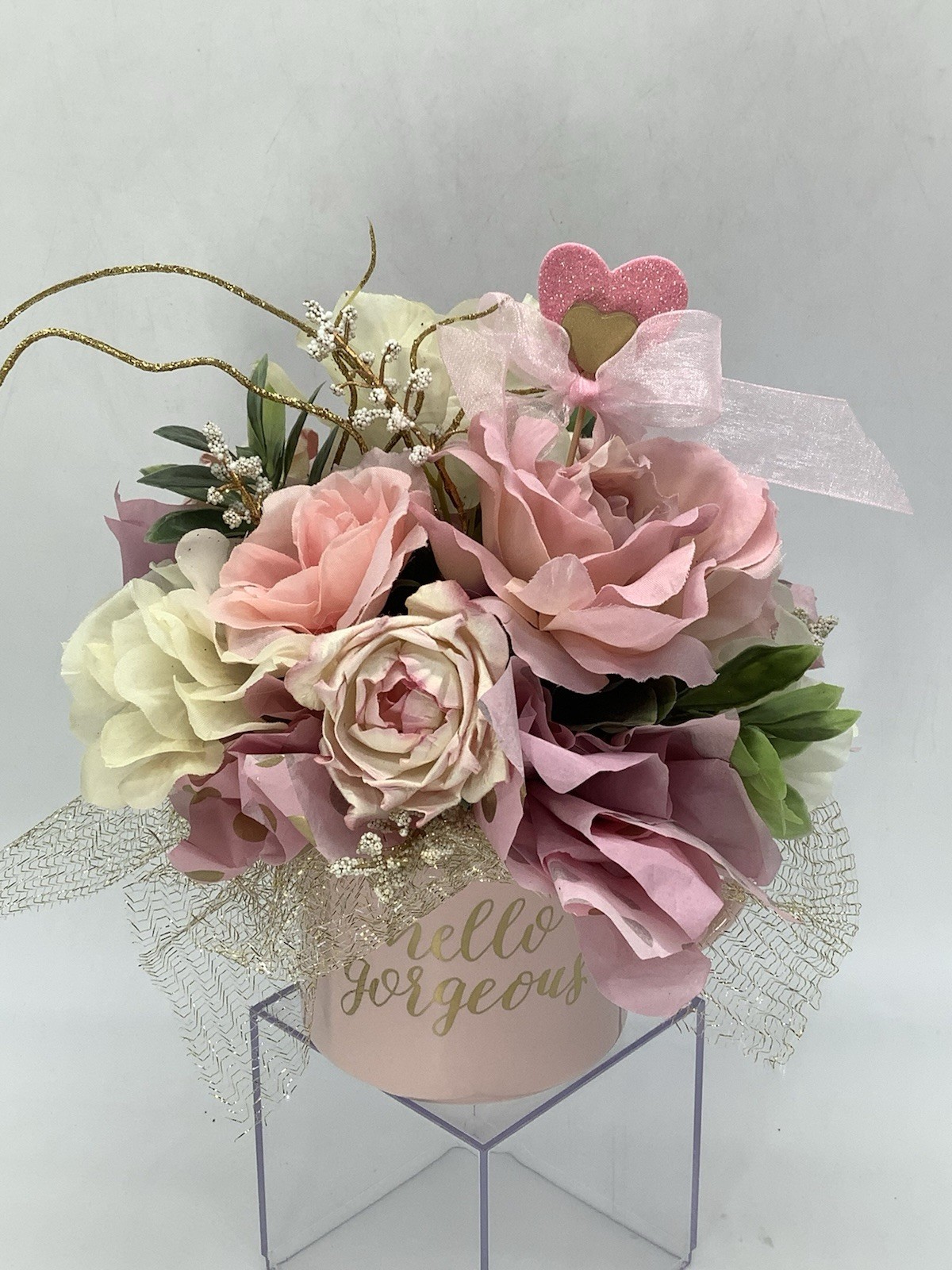 Handmade Valentines Day “Hello Gorgeous” Coffee Mug Pink Gold Floral Arrangement