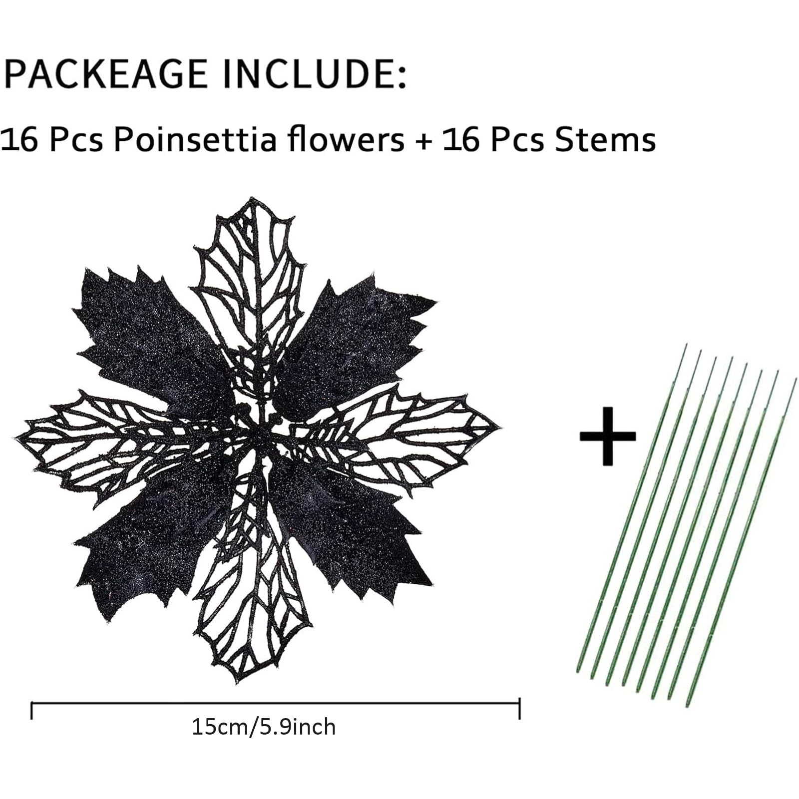 16 PCS Artificial Glitter Poinsettia Flowers Christmas Tree Ornaments Black