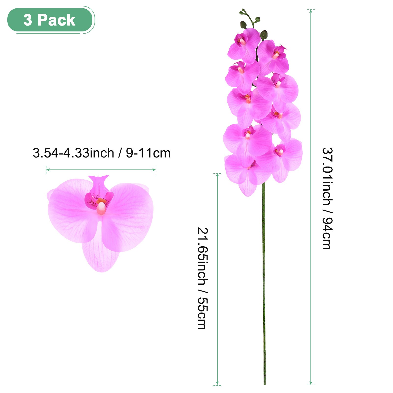 3-Pack Artificial Orchid Flowers 9 Large Petals for Home[Lilac]