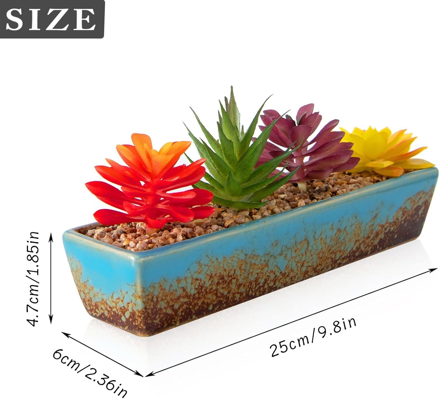 Assorted Artificial Succulents Fake Plants in Rectangular Glazed Ceramic Pot Art