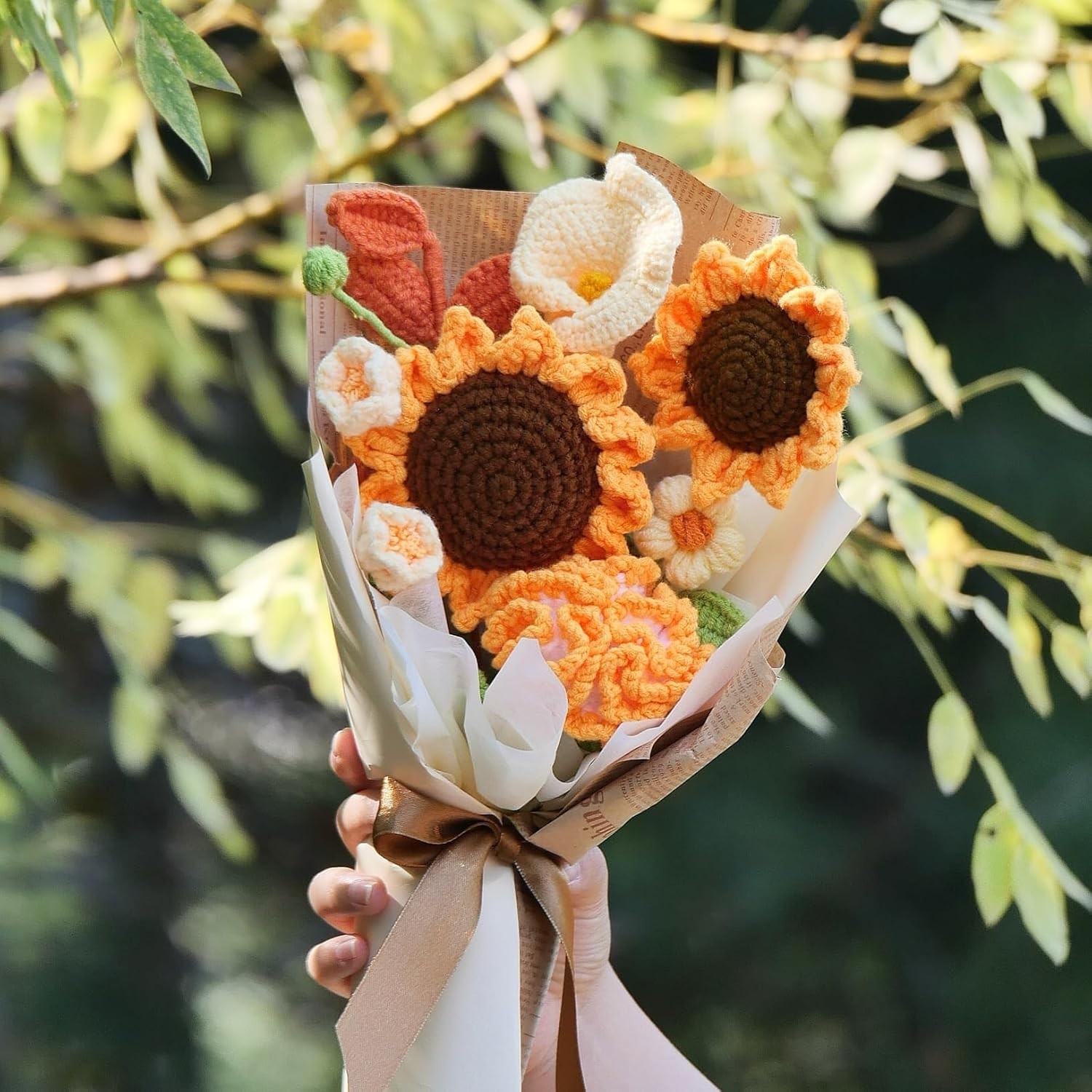Handmade Crochet Bouquet with Sunflower Lily of the Valley Calla Lily Carnation