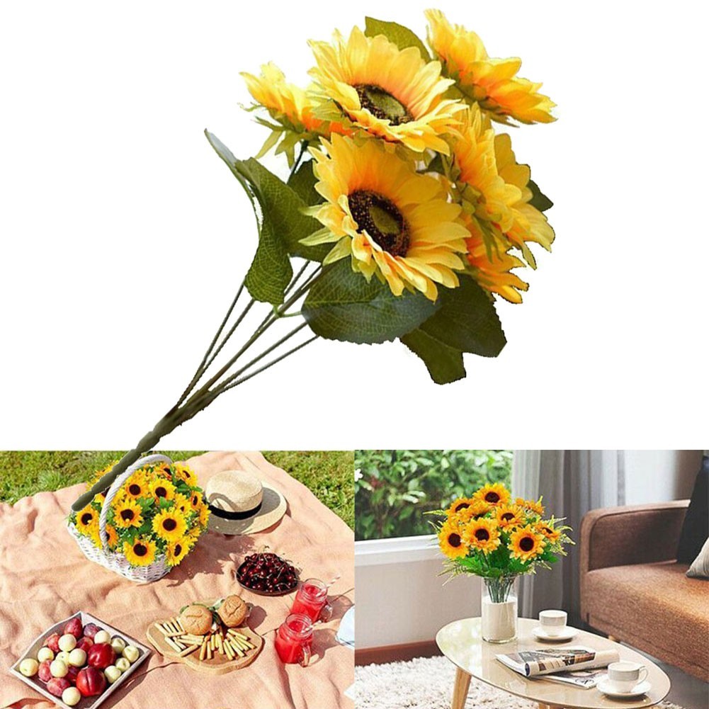 7 Heads Artificial Sunflowers Fake Flower Bouquet Garden Wedding Party Decor New