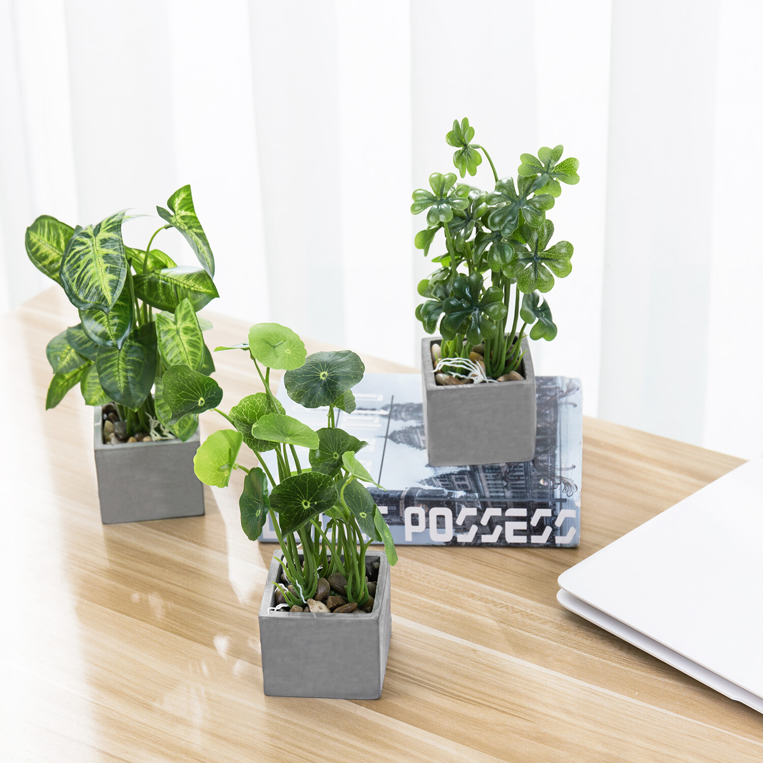 MyGift Set of 3 Artificial Faux Greenery Plants in Gray Square Cement Planters