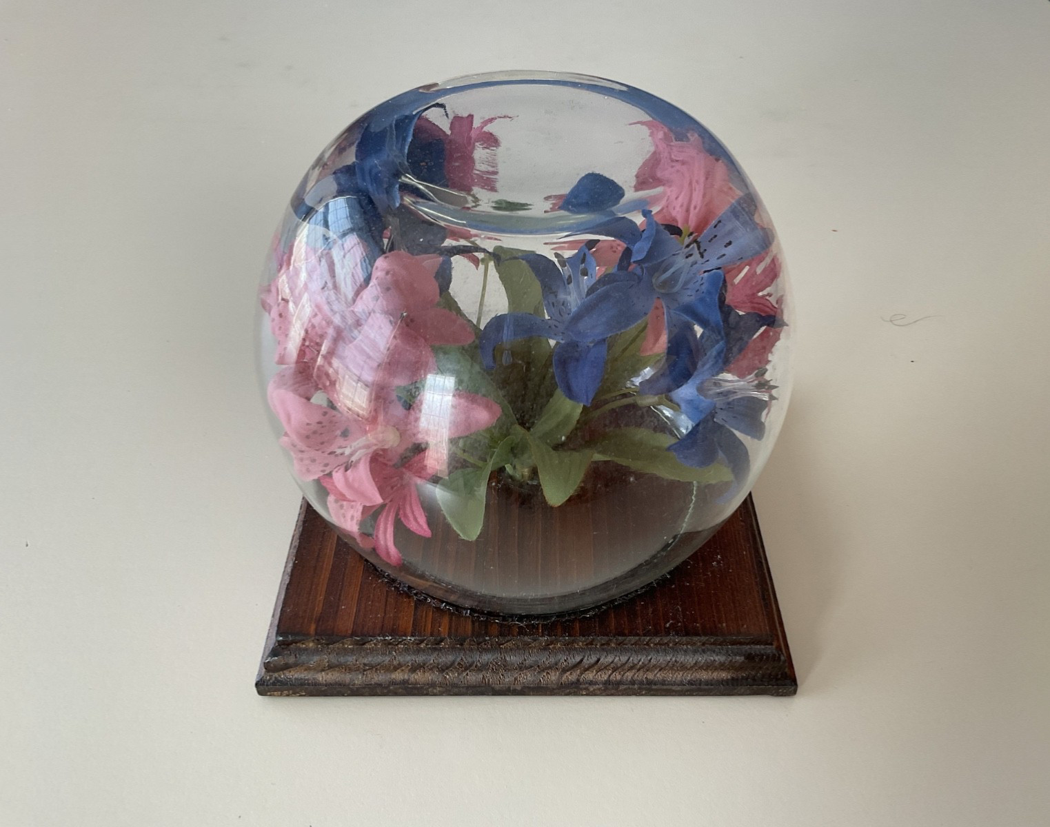 Faux Flowers Clear Dome Cover Wood Base Centerpiece Decor Blue/Pink Floral