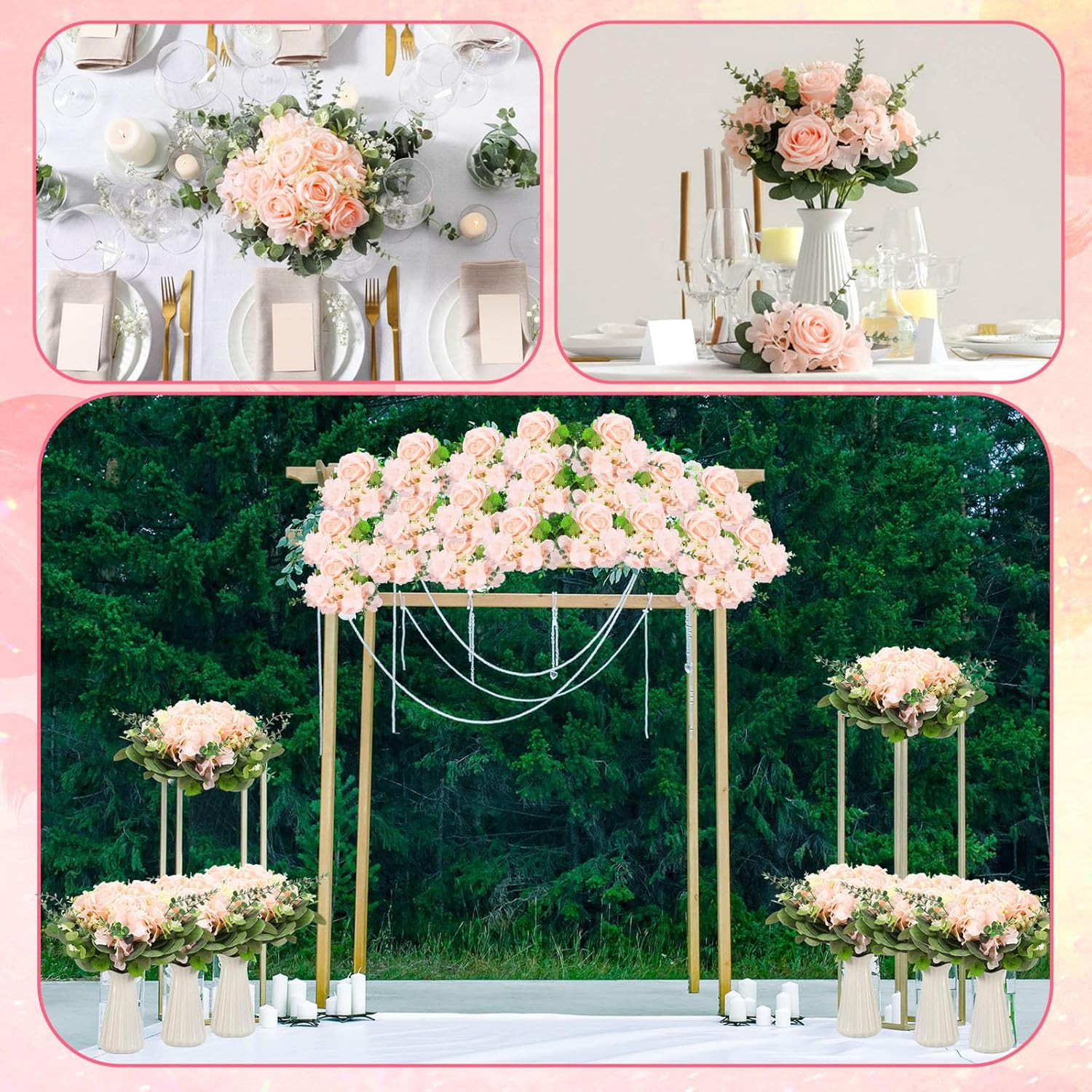 310 Pcs Pink Artificial Rose & Hydrangea Bouquet for Wedding Decor