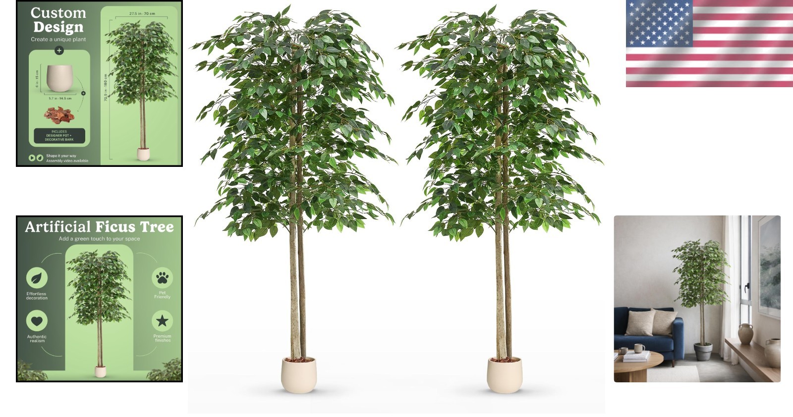 Tall Faux Ficus Plants 6ft Pre Potted with Wood Chips for Home and Office Decor