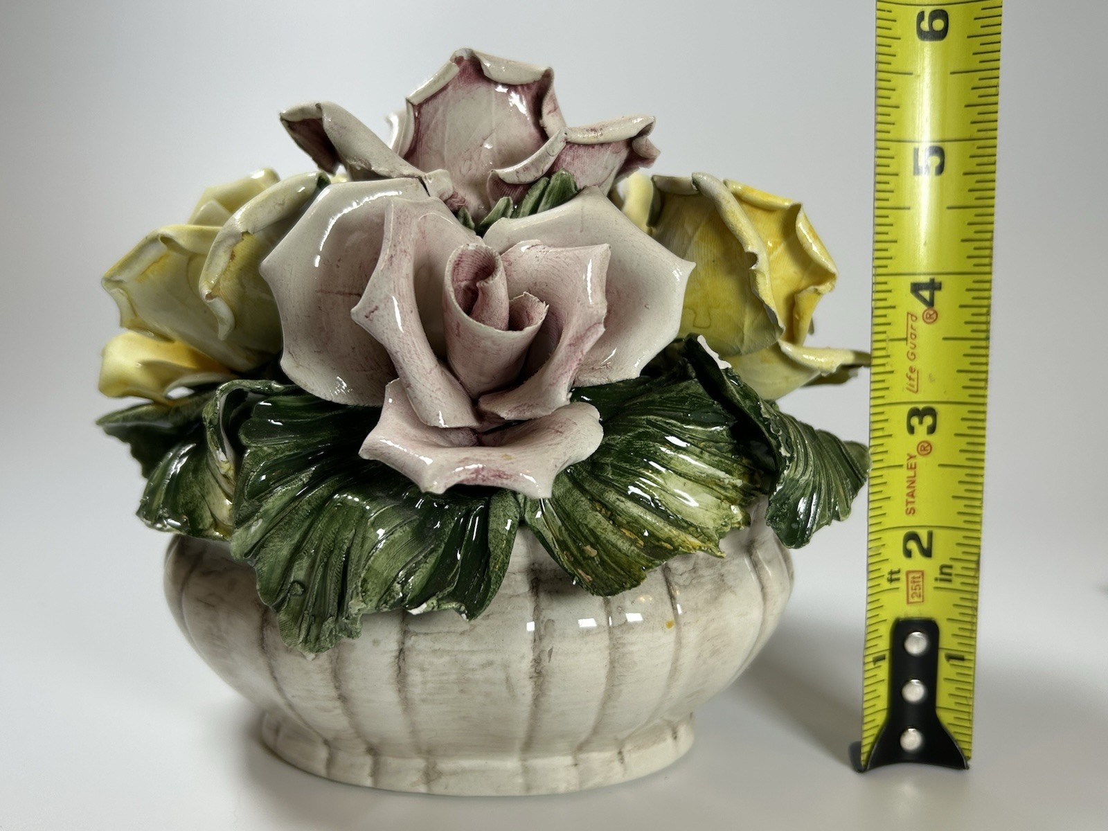 Porcelain Flower Centerpiece Capodimonte Italy Pink Yellow Roses 6.5” Long