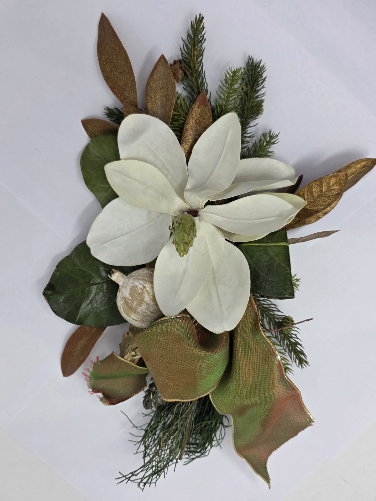 Magnolia Flower Silk Spray With Evergreen, Pinecones Ribbon Vertical Hanging