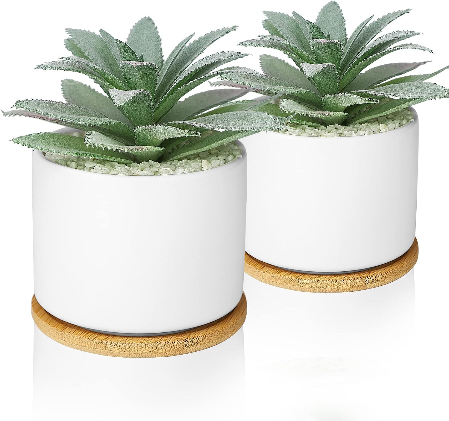 Set of 2 Faux Agave Succulents in Ceramic Pots with Bamboo Tray for Home Decor