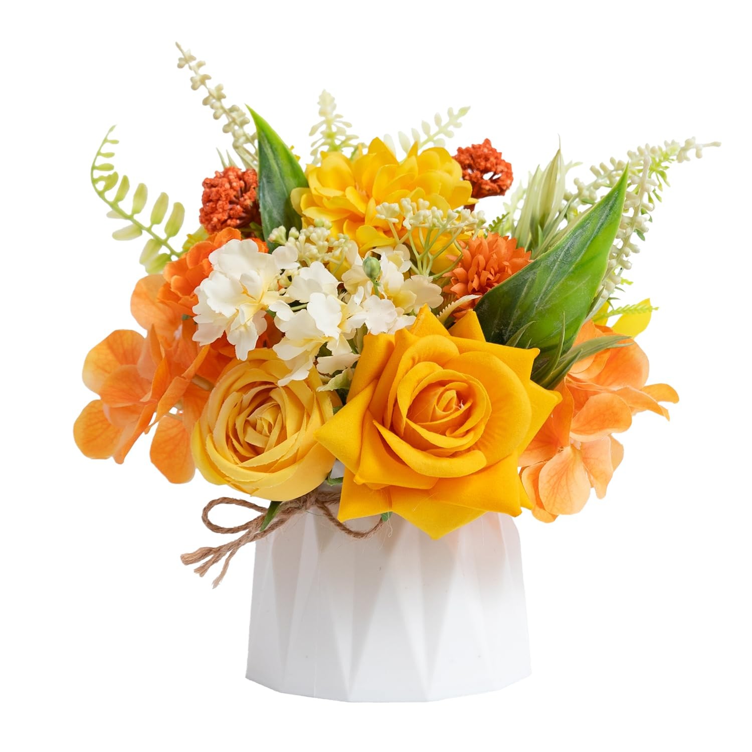 Small 7 Inch Fake Flowers In Plastic Vase Yellow Orange Centerpieces
