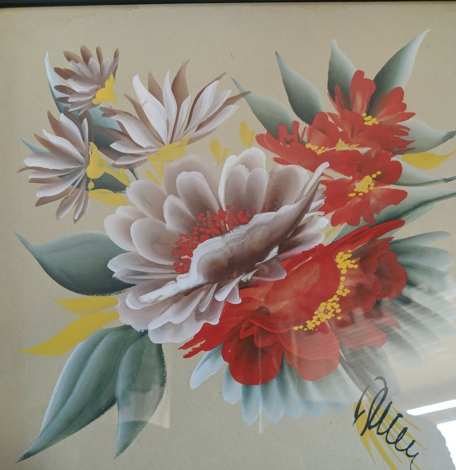 Painting Watercolor Hanging Picture or Tray Metal Frame 11″ x 11″ Signed Floral