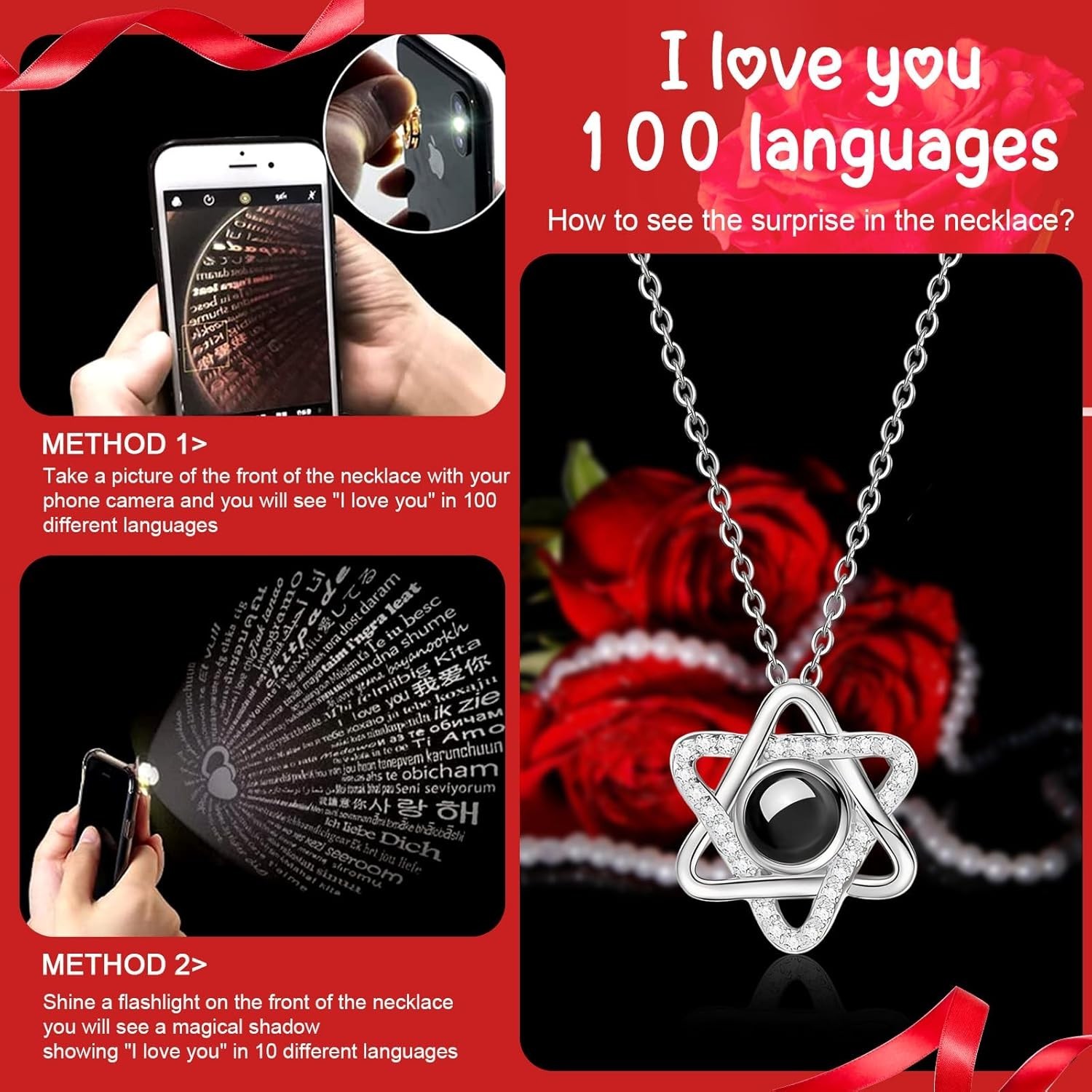 Preserved Red Real Rose with Heart I Love You Necklace -Eternal Flowers