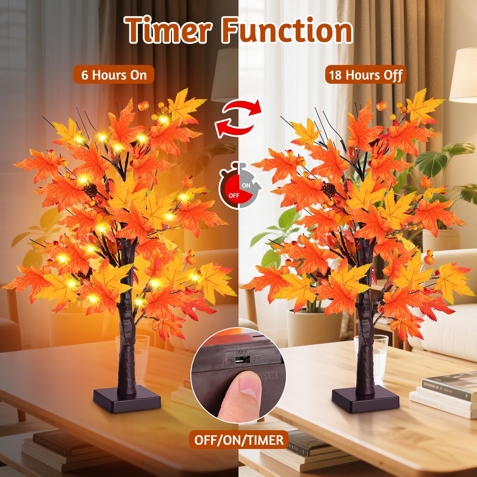 2 Pack 24 Inch Prelit Lighted Maple Tree, Artificial Fall Tree with 24 LEDs T…