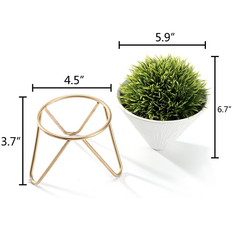 Faux Green Grass Plant in Ceramic Pot W/ Brass Metal Rack Home Office Decor New