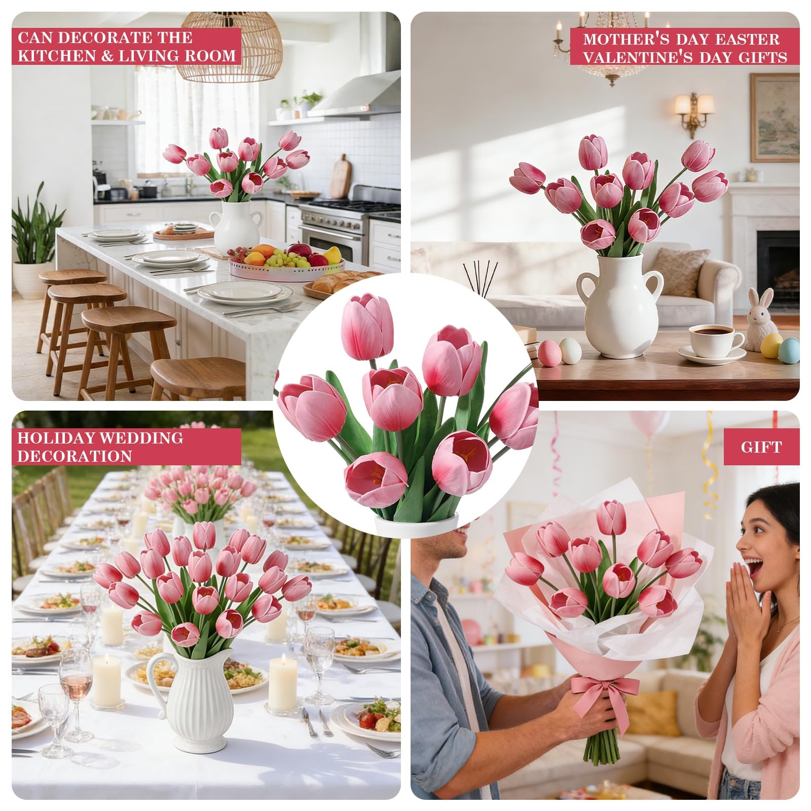 Pink PU Artificial Tulips 18.5 Inch Fake Flowers Wedding Bouquet Decor