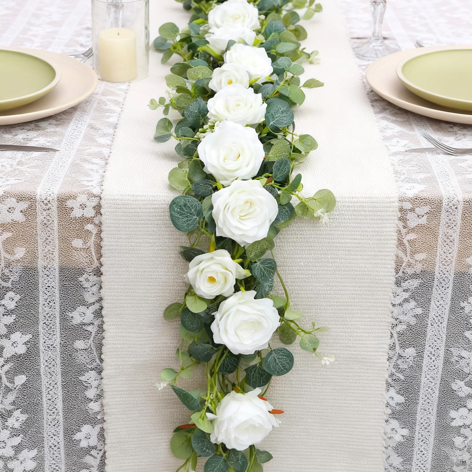 6FT Artificial Eucalyptus Garland with 14 Fake White Rose Flowers – Floral Gr…