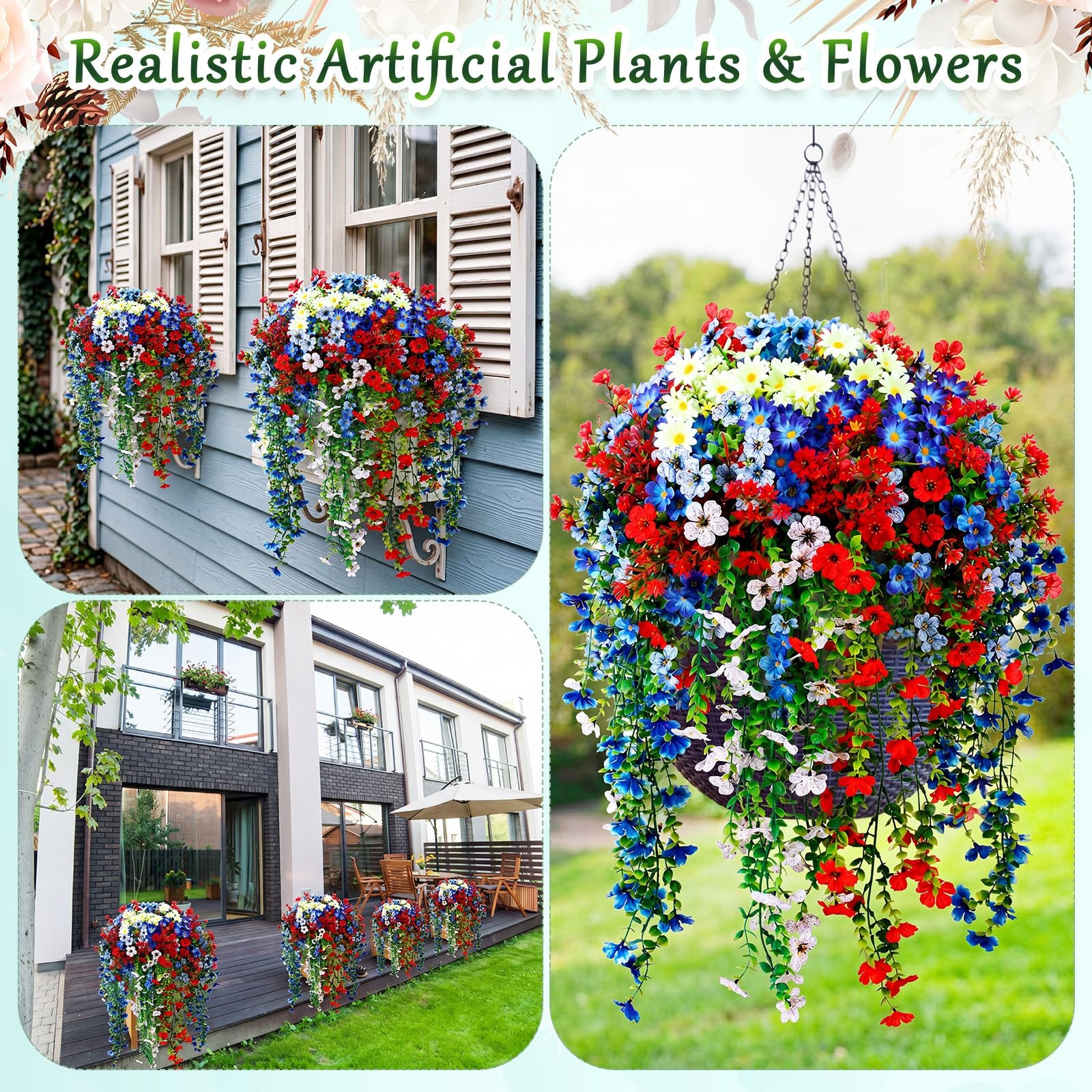 30 Pcs Red White and Blue Artificial Flowers for Outdoors, Faux Patriotic Flo…