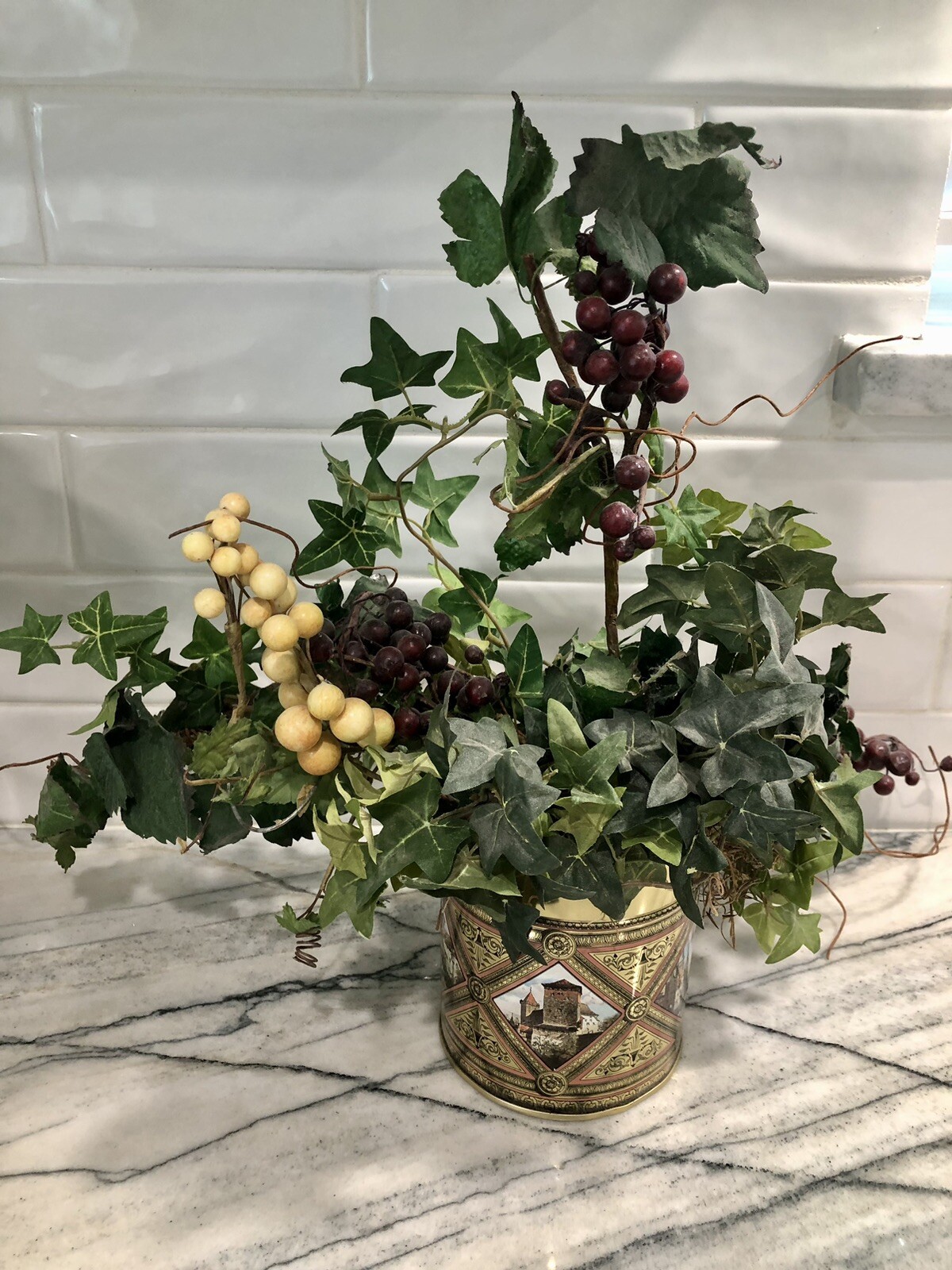 Artificial/Faux Floral & Mixed Greenery/Berries Arraignment W/Brass Container