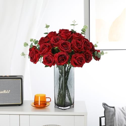 Red Roses Artificial Flowers – 12 pcs Realistic Long Stem Fake Roses Burgundy