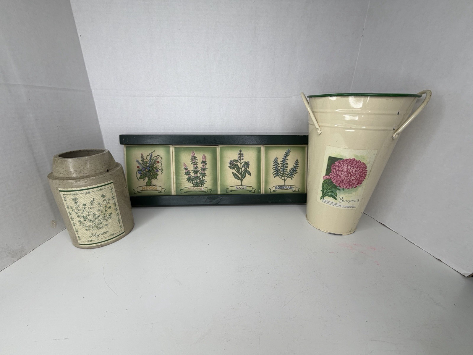 Set of Garden Wood Plaque w/ Herb Tiles Metal Vase Trash Can & Herb Crock