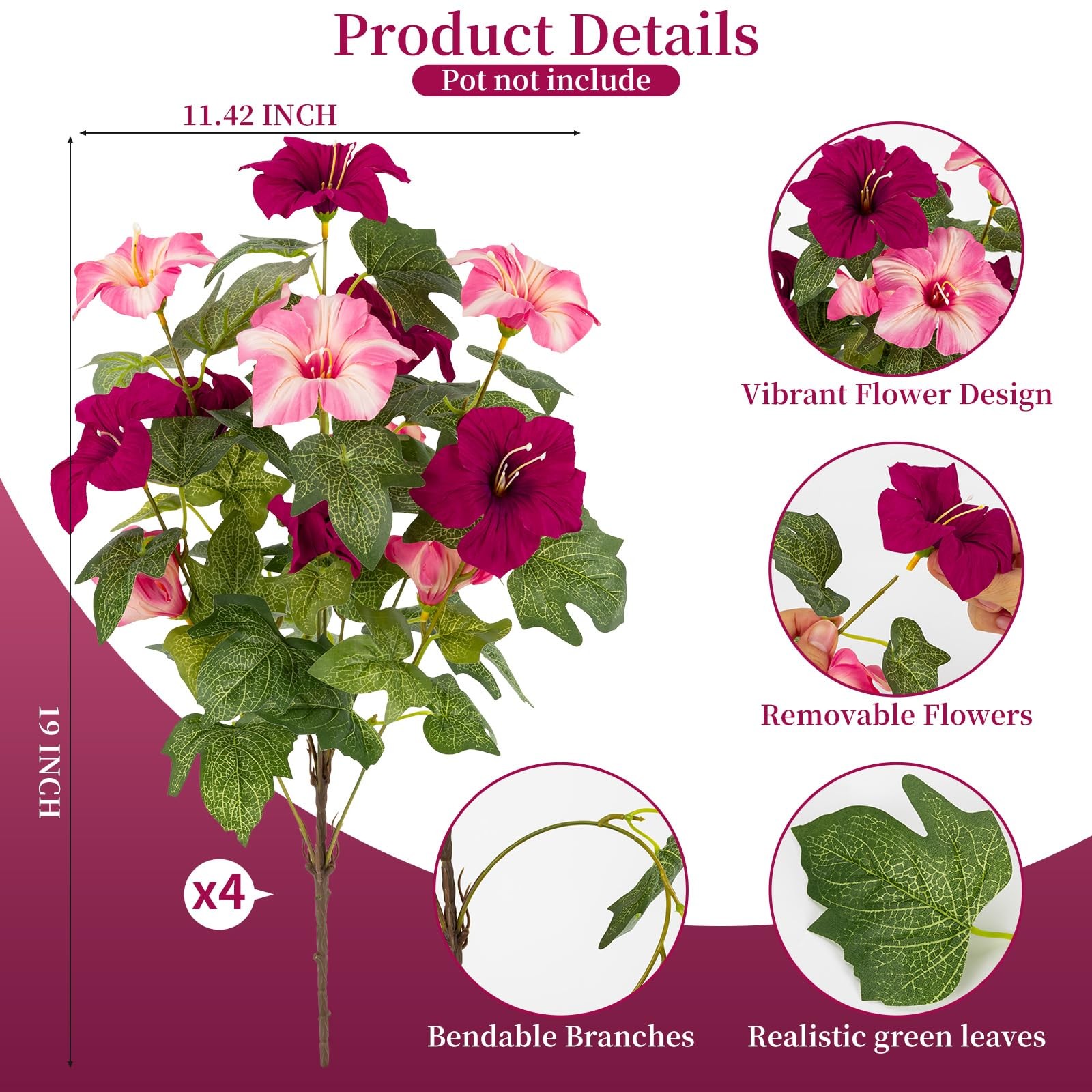 19 Inch Artificial Fake Flowers for Outdoor,4 Pcs Rose red Pink Faux Silk Pet…