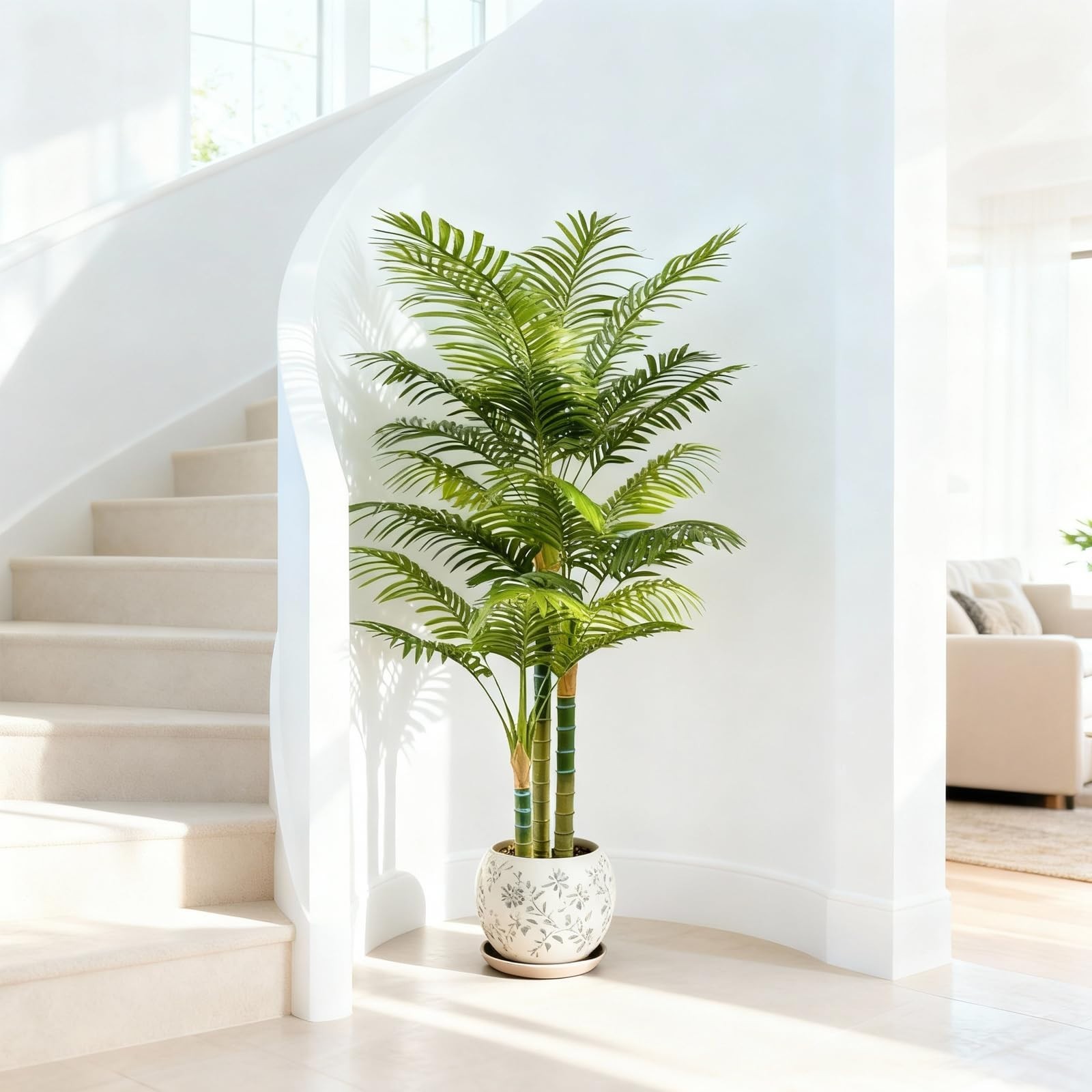 4FT Tall Faux Palm Tree – Large Artificial Plant with 3 Textured Trunks, Indoor