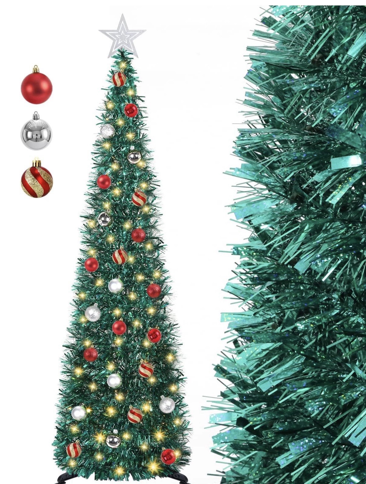 5 FT Pop Up Christmas Tree with Timer Lights and Decorations, Green Tinsel New