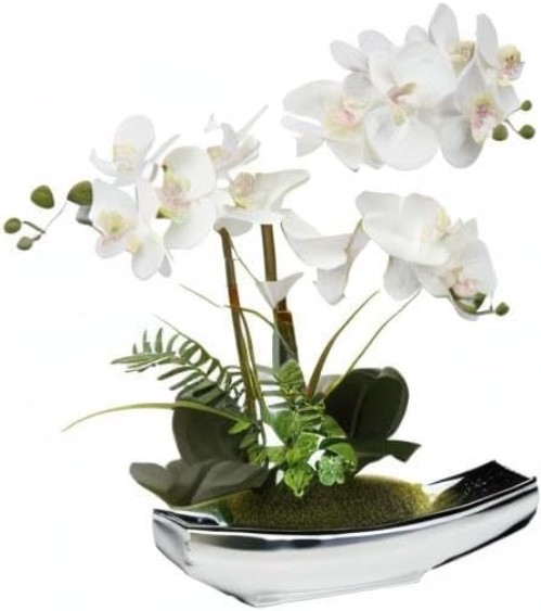 Elegant 15″ White Faux Orchid Arrangement in Silver Boat Pot | Centerpiece