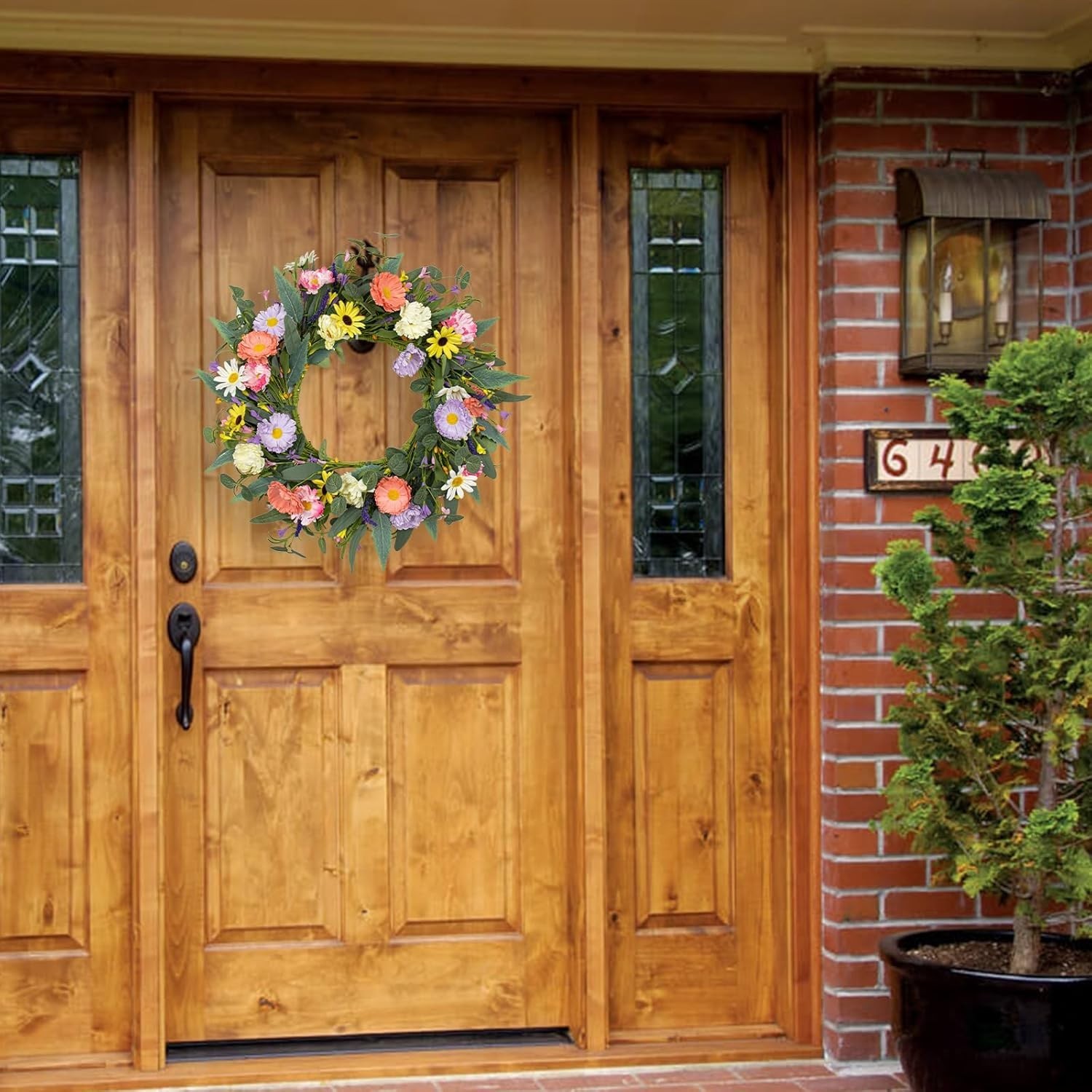 Durable 20-Inch Door Wreath with Purple, Yellow, White Flowers & Eucalyptus