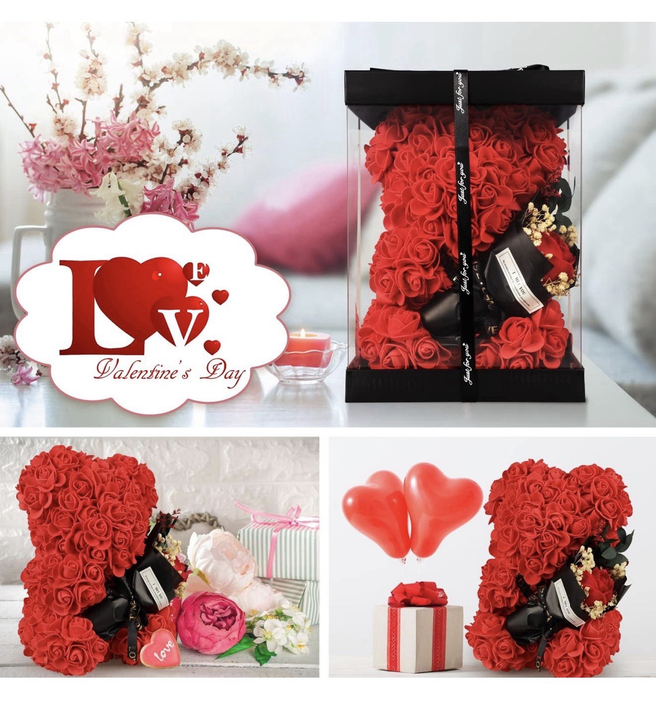 K KYMAKE Rose Bear Gift Set w/ Bouquet 100 Languages I Love You Necklace