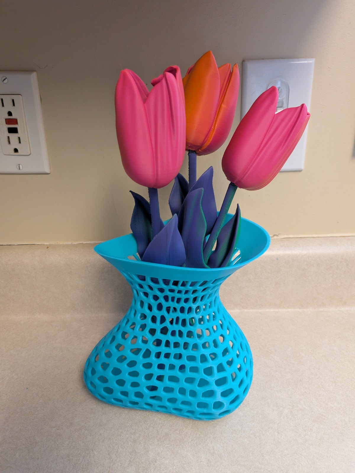 Artificial Tulip Flower Arrangement in Blue Vase, Orange Pink Green Plastic
