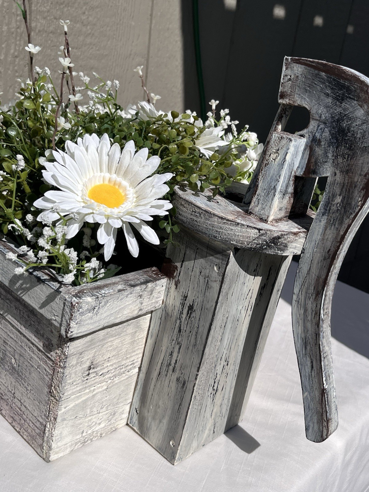 Rustic Wood Water Pump Planter Box w/ Artificial Greenery Daisy Farmhouse Decor