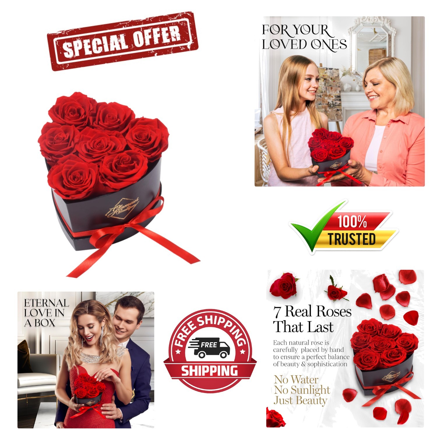 Red Heart-Shaped Box with 7 Preserved Roses – Effortless Luxury for Any Occasion