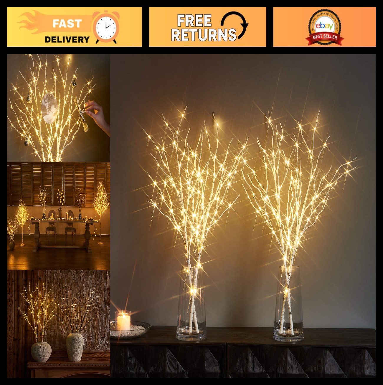 Set of 2 Lighted White Birch Willow Branches – 30IN, 100 LED, Timer, Waterproof