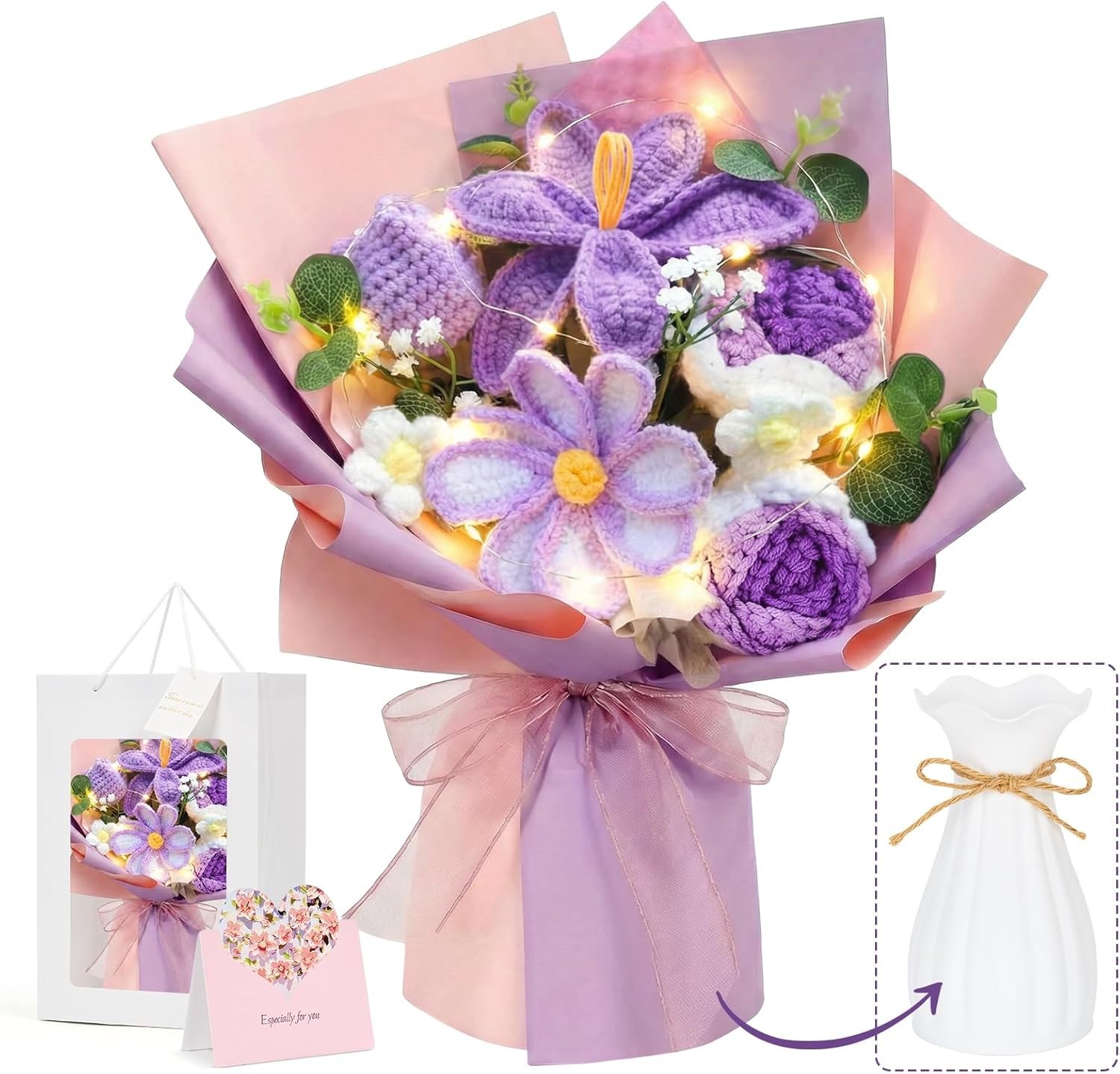 Crochet Flower Bouquet, Purple Handmade Knitted Flowers with Lights & Vase Cr…