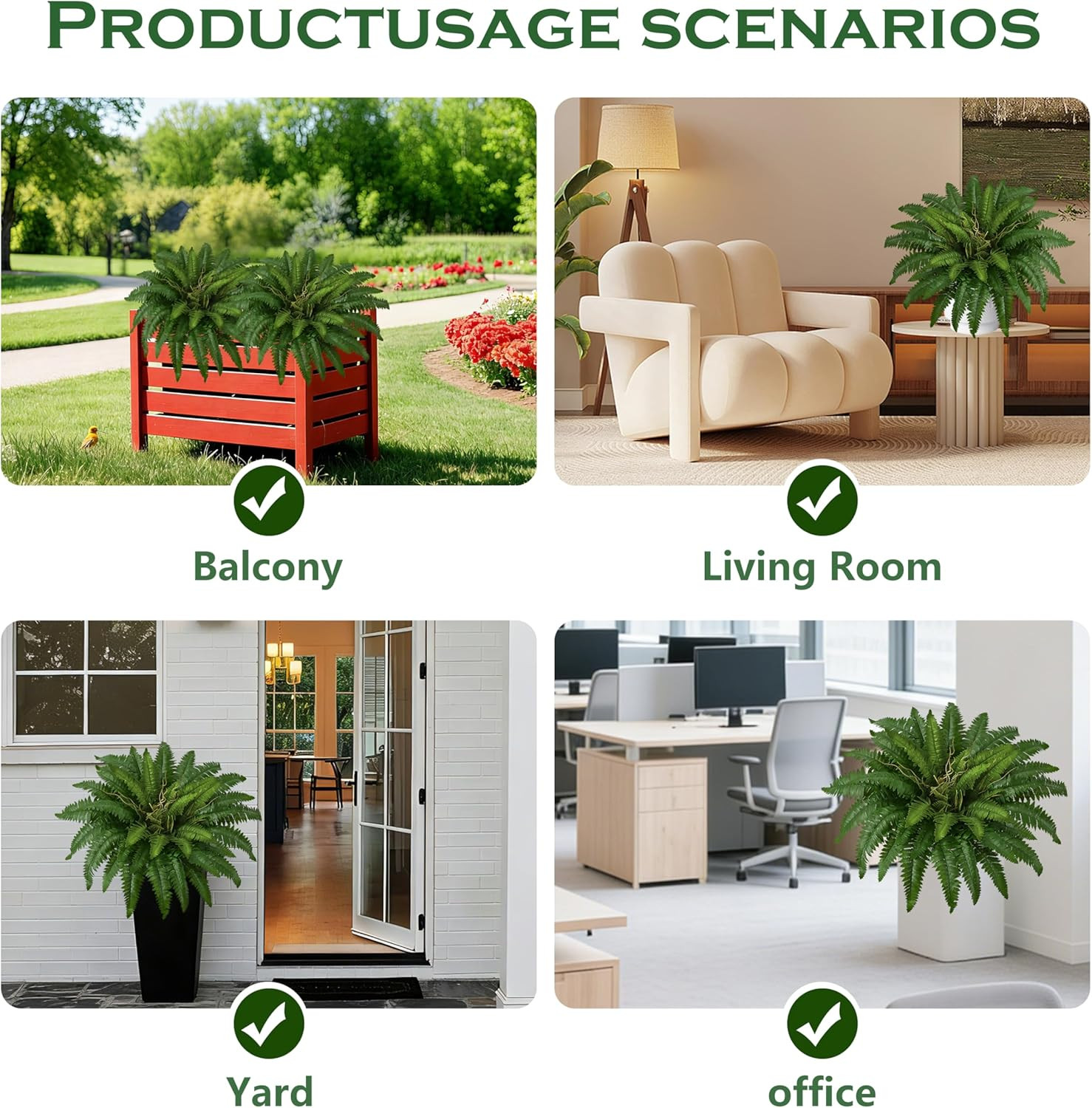 38″ Artificial Boston Ferns Bush Plants, Set of 2, Large Faux Ferns Hanging Deco