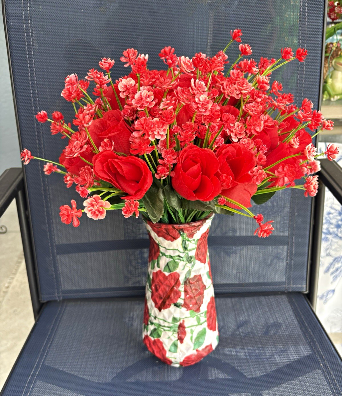 Artificial Rose Floral Arrangement in Vase, Red Green White Centerpiece
